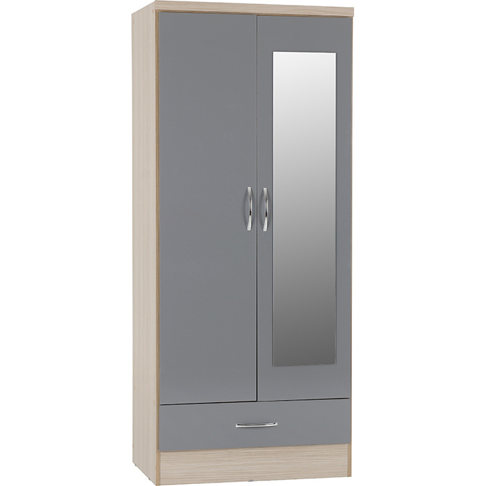 Nevada Mirrored 2 Door 1 Drawer Wardrobe In Grey Gloss/Light Oak - Click Image to Close